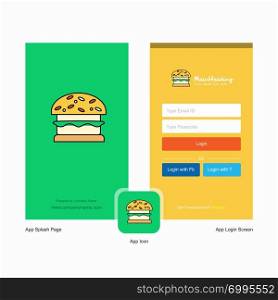 Company Burger Splash Screen and Login Page design with Logo template. Mobile Online Business Template