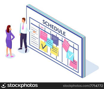 Company business team working together planning and scheduling their operations agenda on a big calendar. Fixing marks with pencil standing near schedule. Man and woman doing planning events. Company business team working together planning, scheduling their operations agenda on big calendar