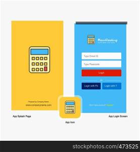 Company Calculator Splash Screen and Login Page design with Logo template. Mobile Online Business Template