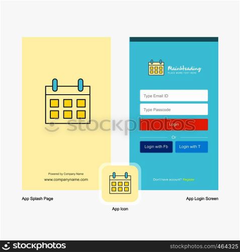 Company Calendar Splash Screen and Login Page design with Logo template. Mobile Online Business Template