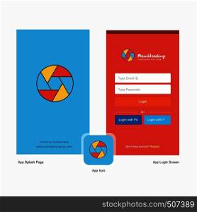 Company Camera shutter Splash Screen and Login Page design with Logo template. Mobile Online Business Template