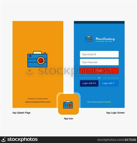 Company Camera Splash Screen and Login Page design with Logo template. Mobile Online Business Template