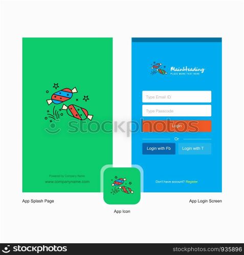 Company Candies Splash Screen and Login Page design with Logo template. Mobile Online Business Template