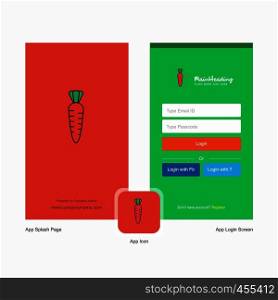 Company Carrot Splash Screen and Login Page design with Logo template. Mobile Online Business Template