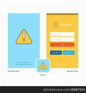 Company Caution Splash Screen and Login Page design with Logo template. Mobile Online Business Template