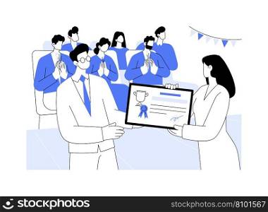 Company celebrations abstract concept vector illustration. Smiling man receives the best employee award, applause from colleagues, teambuilding idea, business etiquette abstract metaphor.. Company celebrations abstract concept vector illustration.