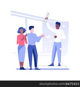 Company celebrations isolated concept vector illustration. Smiling man receives the best employee award, applause from colleagues, teambuilding idea, business etiquette vector concept.. Company celebrations isolated concept vector illustration.