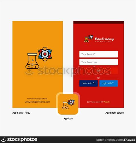 Company Chemical beaker Splash Screen and Login Page design with Logo template. Mobile Online Business Template