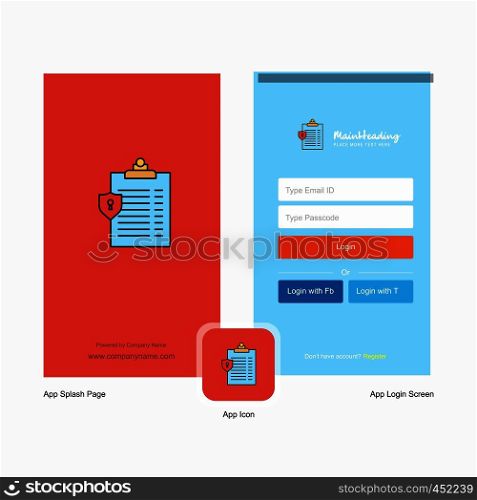Company Clipboard Splash Screen and Login Page design with Logo template. Mobile Online Business Template