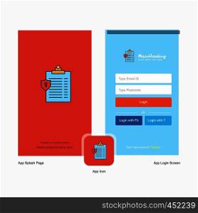 Company Clipboard Splash Screen and Login Page design with Logo template. Mobile Online Business Template
