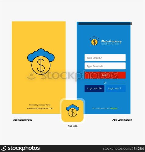 Company Cloud dollar Splash Screen and Login Page design with Logo template. Mobile Online Business Template
