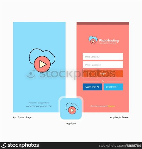 Company Cloud play Splash Screen and Login Page design with Logo template. Mobile Online Business Template