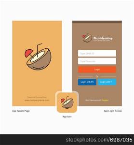 Company Coconut Splash Screen and Login Page design with Logo template. Mobile Online Business Template