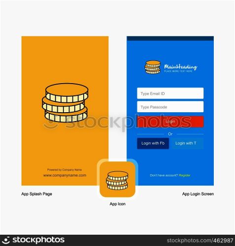 Company Coins Splash Screen and Login Page design with Logo template. Mobile Online Business Template