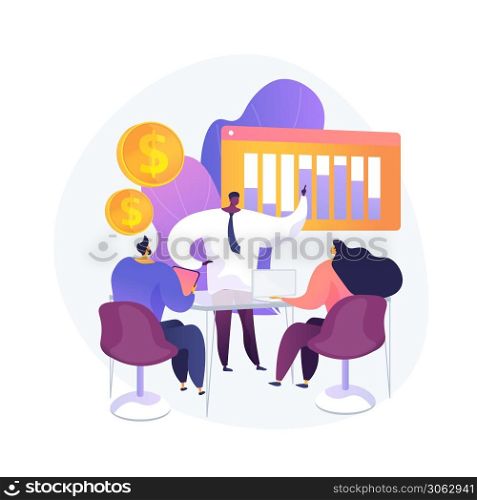 Company conference room. Business briefing, company board meeting, top managers mentorship. Boss instructing employees, colleagues conversation. Vector isolated concept metaphor illustration. Business meeting vector concept metaphor