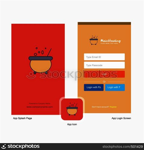 Company Cooking pot Splash Screen and Login Page design with Logo template. Mobile Online Business Template