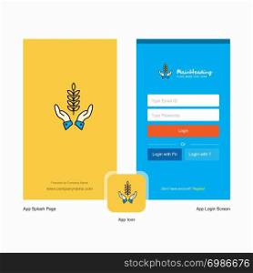 Company Crops in hands Splash Screen and Login Page design with Logo template. Mobile Online Business Template