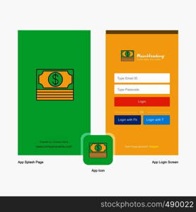 Company Dollar Splash Screen and Login Page design with Logo template. Mobile Online Business Template
