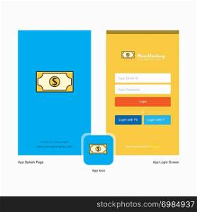 Company Dollar Splash Screen and Login Page design with Logo template. Mobile Online Business Template