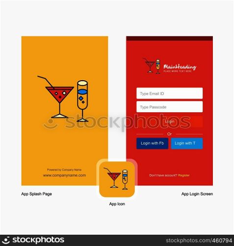 Company Drinks Splash Screen and Login Page design with Logo template. Mobile Online Business Template