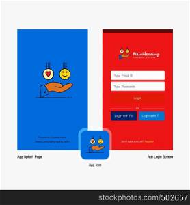 Company Emoji in hands Splash Screen and Login Page design with Logo template. Mobile Online Business Template