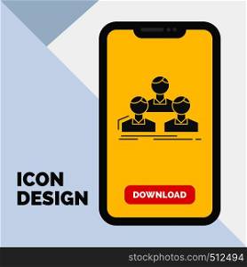 Company, employee, group, people, team Glyph Icon in Mobile for Download Page. Yellow Background. Vector EPS10 Abstract Template background