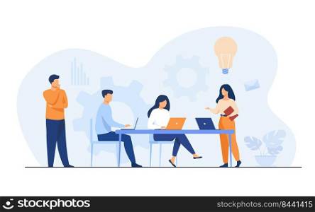 Company employees planning task and brainstorming flat vector illustration. Cartoon people sharing ideas and meeting. Teamwork, workflow and business concept