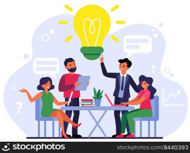 Company employees sharing thoughts and ideas flat vector illustration. Colleagues thinking in team about problem. Brainstorm, startup and teamwork concept