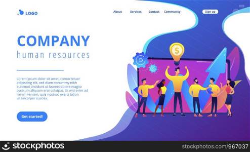 Company enployees and leader having successful money-making idea. Intellectual capital, company human resources, money-making sources concept. Website vibrant violet landing web page template.. Intellectual capital concept landing page.
