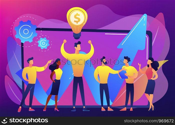 Company enployees and leader having successful money-making idea. Intellectual capital, company human resources, money-making sources concept. Bright vibrant violet vector isolated illustration. Intellectual capital concept vector illustration.