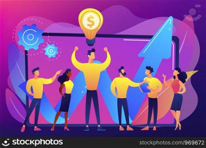Company enployees and leader having successful money-making idea. Intellectual capital, company human resources, money-making sources concept. Bright vibrant violet vector isolated illustration. Intellectual capital concept vector illustration.