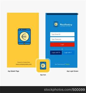 Company Euro Splash Screen and Login Page design with Logo template. Mobile Online Business Template