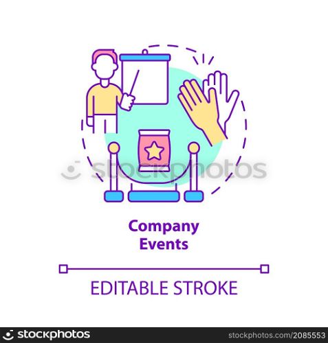 Company events concept icon. Conference and meeting. Customer touchpoints abstract idea thin line illustration. Isolated outline drawing. Editable stroke. Roboto-Medium, Myriad Pro-Bold fonts used. Company events concept icon