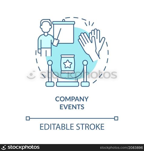 Company events turquoise concept icon. Customer touchpoints abstract idea thin line illustration. Isolated outline drawing. Editable stroke. Roboto-Medium, Myriad Pro-Bold fonts used. Company events turquoise concept icon