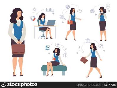 Company Female Employee, Office Worker Daily Routine Isolated, Trendy Flat Vector Concepts Set. Businesswoman Work at Desk, Dreaming About Vacation, Chatting Online, Walk on Meeting Illustrations