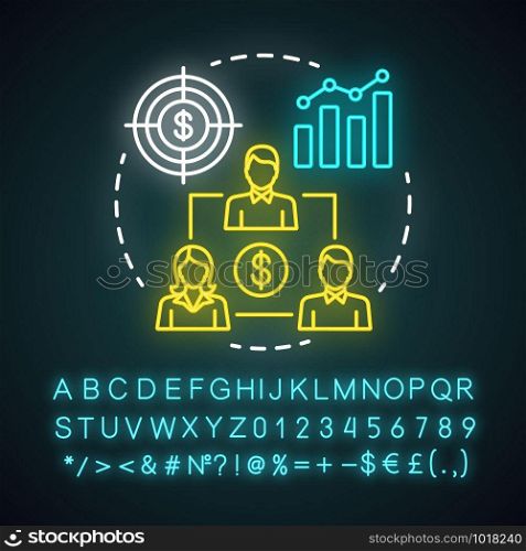 Company finance team neon light concept icon. Management accountants idea. Professional bookkeepers. Business investors, sponsors. Glowing alphabet, numbers and symbols. Vector isolated illustration