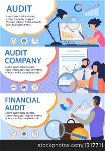 Company, Financial Business Audit Header Banners Set. Budget Graphs Statistic Charts on Computer Screen. People with Loupe. Analytics Calculating Finance Balance Valuation. Vector Illustration. Company, Financial Business Audit Banners Set