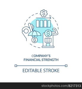 Company financial strength turquoise concept icon. Reliable coverage services abstract idea thin line illustration. Isolated outline drawing. Editable stroke. Arial, Myriad Pro-Bold fonts used. Company financial strength turquoise concept icon