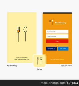 Company Fork and spoon Splash Screen and Login Page design with Logo template. Mobile Online Business Template
