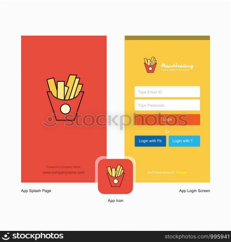 Company Fries Splash Screen and Login Page design with Logo template. Mobile Online Business Template
