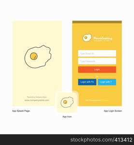 Company Fry egg Splash Screen and Login Page design with Logo template. Mobile Online Business Template