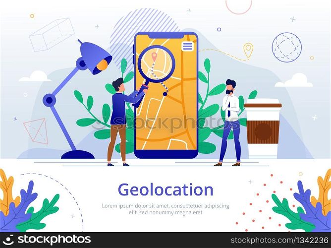 Company Geolocation Logistics Analysis Vector Banner Template Businessmen Analyzing Product Delivery Route on Cellphone Screen with Magnifying Glass, Searching Ways to Optimize Transportation Costs