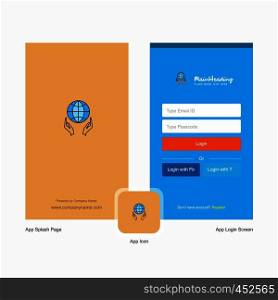 Company Globe in hands Splash Screen and Login Page design with Logo template. Mobile Online Business Template