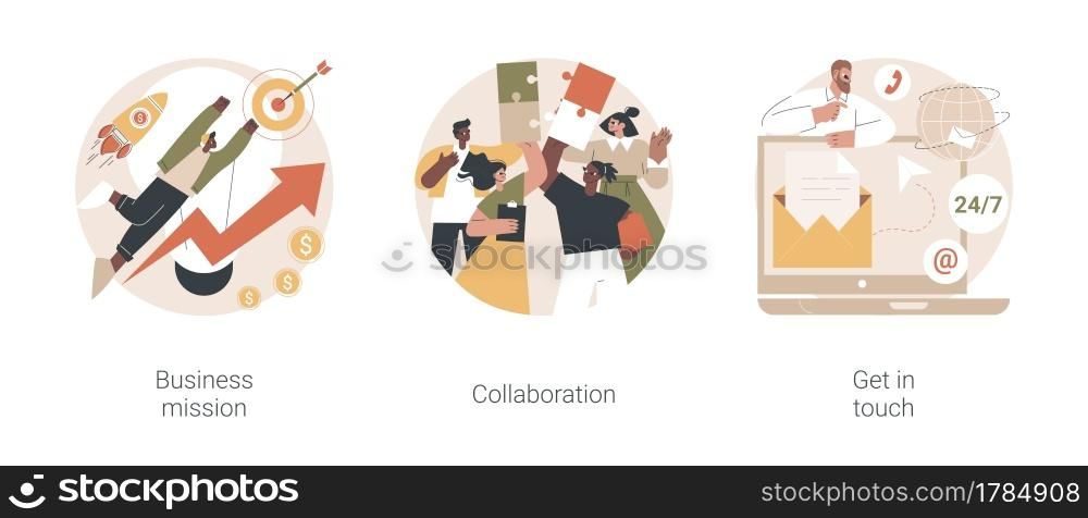 Company goals and philosophy abstract concept vector illustration set. Business mission, working team collaboration, get in touch, feedback online form, company address, live chat abstract metaphor.. Company goals and philosophy abstract concept vector illustrations.