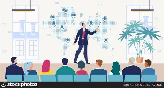 Company Growth Strategy Presentation Flat Vector Concept with Employee or CEO Pointing on World Map with Pins, Presenting International Investment Project, Lecturer Conducting Meeting Illustration
