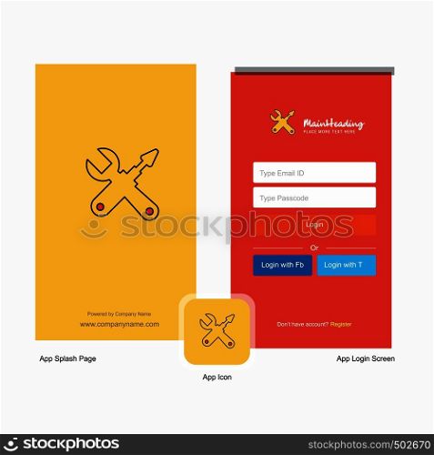Company Hardware tools Splash Screen and Login Page design with Logo template. Mobile Online Business Template