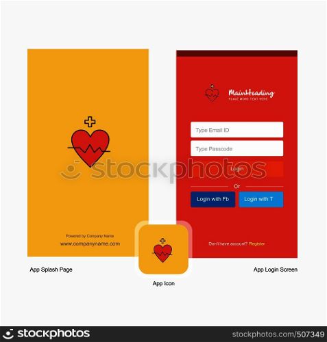 Company Heart rate Splash Screen and Login Page design with Logo template. Mobile Online Business Template