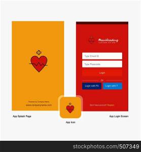 Company Heart rate Splash Screen and Login Page design with Logo template. Mobile Online Business Template