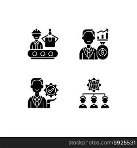 Company hierarchical structure black glyph icons set on white space. Production department. Investor. Outsourcing practice. Management. Making profit. Silhouette symbols. Vector isolated illustration. Company hierarchical structure black glyph icons set on white space