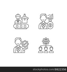 Company hierarchical structure linear icons set. Production department. Investor. Outsourcing practice. Customizable thin line contour symbols. Isolated vector outline illustrations. Editable stroke. Company hierarchical structure linear icons set